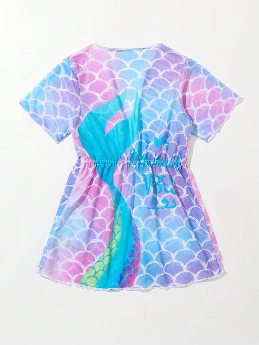 女小童魚鱗圖案腰部抽繩和服罩衫 - 彩色 - 查看 1