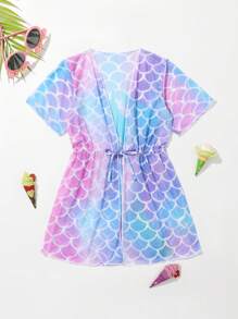 女小童魚鱗圖案腰部抽繩和服罩衫 - 彩色 - 查看 2