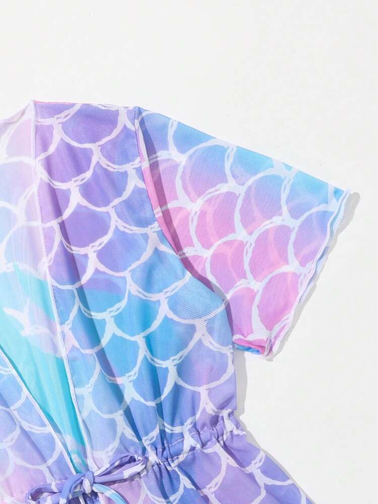 Young Girl Fish Scales Print Drawstring Waist Kimono - Multicolor - View 3