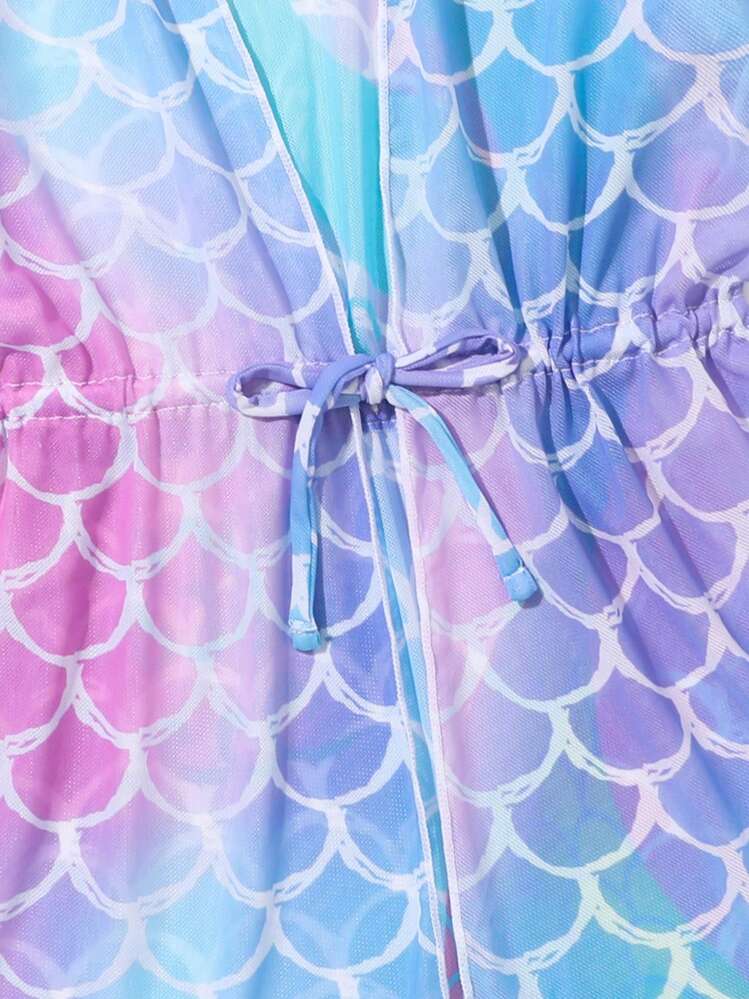 Young Girl Fish Scales Print Drawstring Waist Kimono - Multicolor - View 4