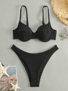 Solid Underwire Bikini Set For Summer Beach - Black - View 1