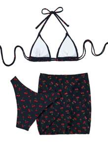 Swim Mod Summer Beach Cherry Print Halter Triangle Bikini Set With Beach Skirt - Black - View 3