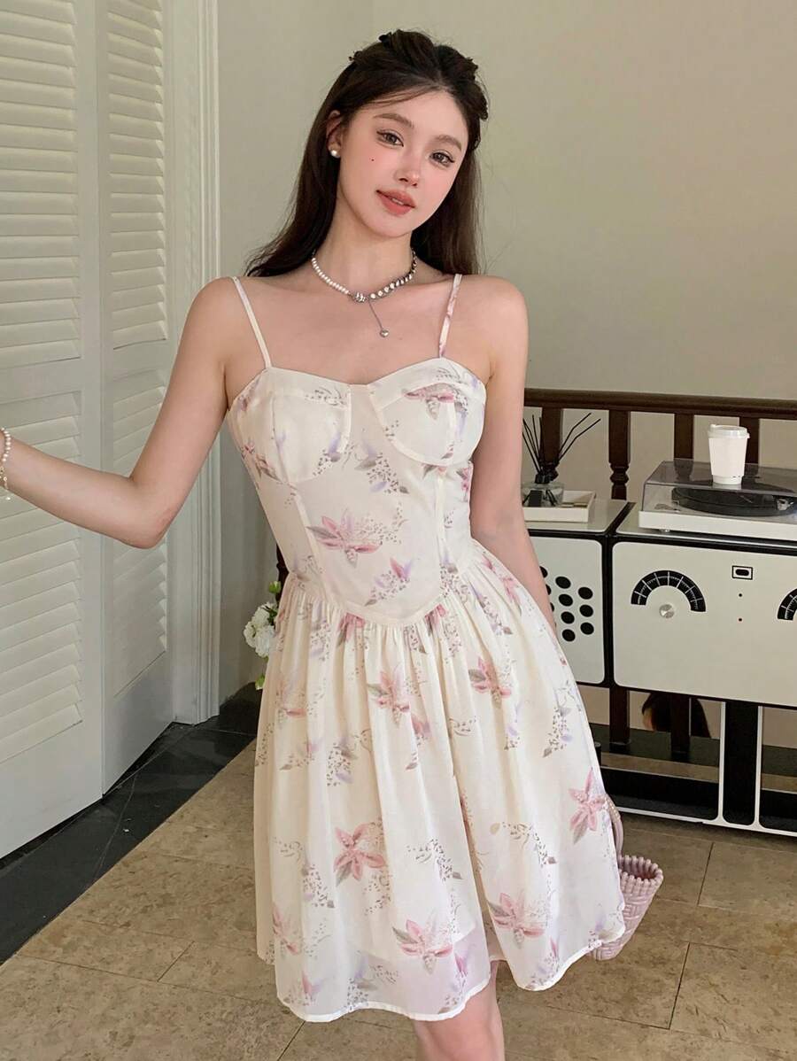 DAZY In hoa Váy yếm ôm sát ngực - Màu be - Xem 1