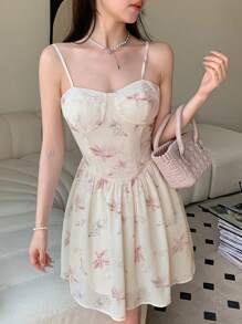 DAZY In hoa Váy yếm ôm sát ngực - Màu be - Xem 4