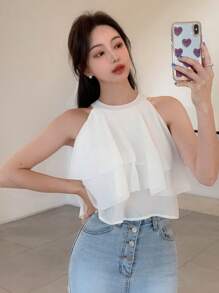 DAZY 纯色荷叶边雪纺衬衫，短款上衣，女士外出上衣 - 米色 - 查看 1