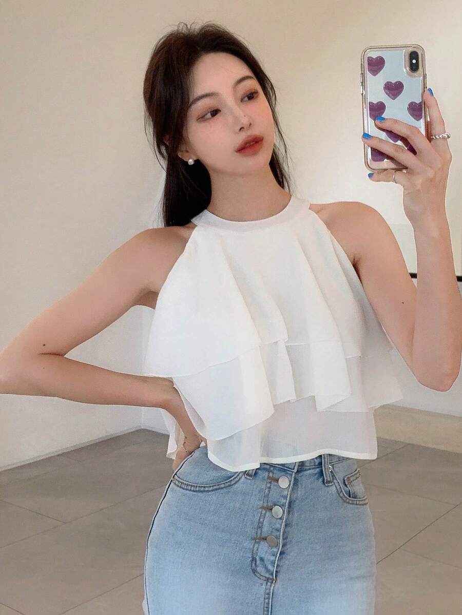 DAZY 纯色荷叶边雪纺衬衫，短款上衣，女士外出上衣 - 米色 - 查看 1