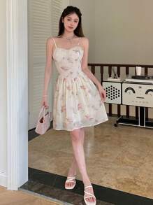 DAZY In hoa Váy yếm ôm sát ngực - Màu be - Xem 5