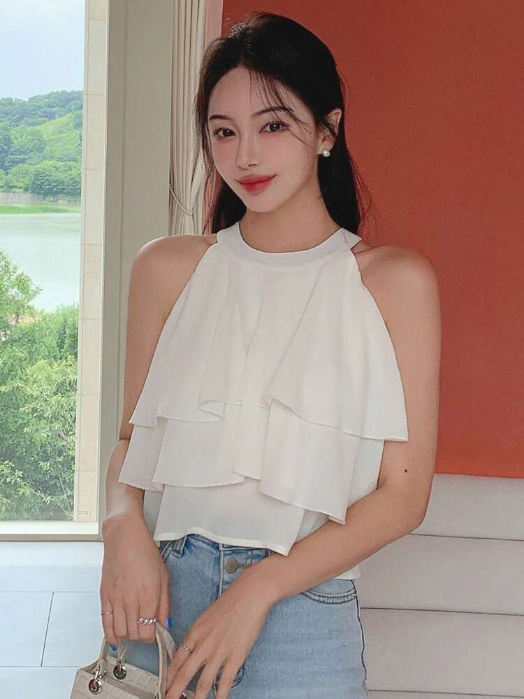 Solid Layer Ruffle Trim Chiffon Blouse,Crop Tops Women Going Out Tops