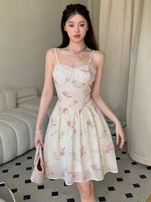 DAZY In hoa Váy yếm ôm sát ngực - Màu be - Xem 6