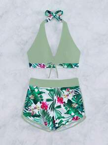 SHEIN Swim Summer Beach Tropical Print Halter Shorts Bikini Set