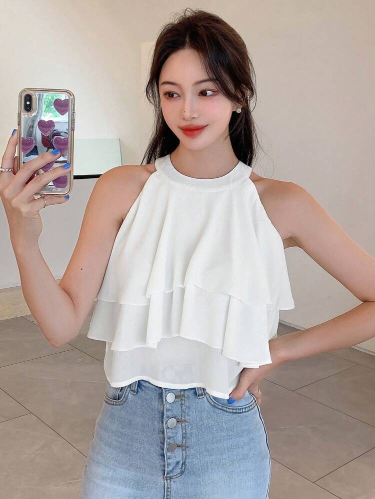 Solid Layer Ruffle Trim Chiffon Blouse,Crop Tops Women Going Out Tops