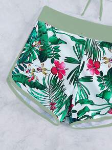 SHEIN Swim Summer Beach Tropical Print Halter Shorts Bikini Set