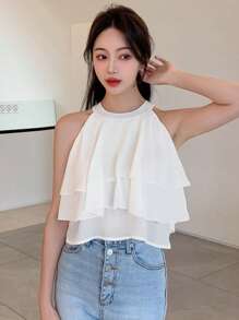 DAZY 纯色荷叶边雪纺衬衫，短款上衣，女士外出上衣 - 米色 - 查看 4