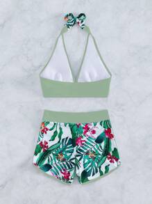 SHEIN Swim Summer Beach Tropical Print Halter Shorts Bikini Set