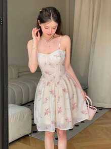 DAZY In hoa Váy yếm ôm sát ngực - Màu be - Xem 8