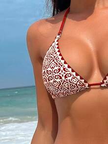 Geo Print Halter Triangle Bikini Top - Red and White - View 4