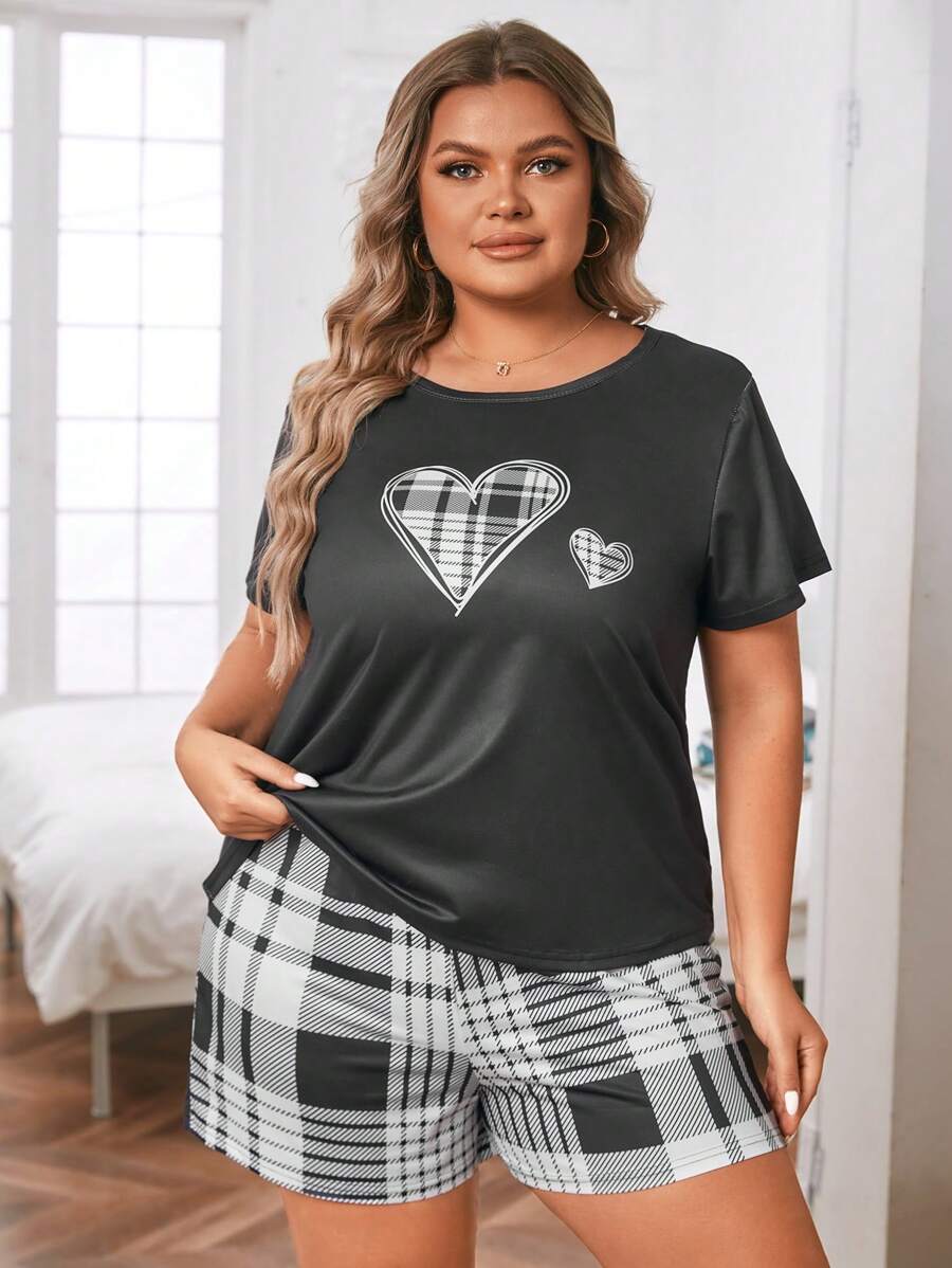 Plus Hjärta & Rutigt Tryck Pyjamasset - Svart och Vitt - Visa 1