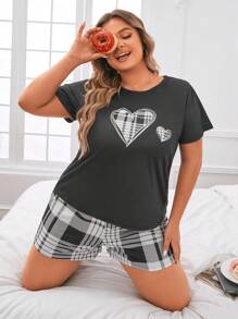 Plus Hjärta & Rutigt Tryck Pyjamasset - Svart och Vitt - Visa 3