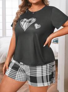 Plus Hjärta & Rutigt Tryck Pyjamasset - Svart och Vitt - Visa 4