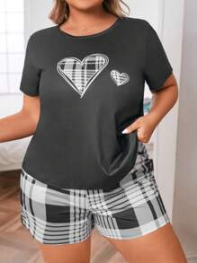 Plus Hjärta & Rutigt Tryck Pyjamasset - Svart och Vitt - Visa 5