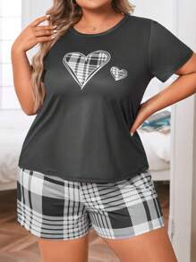 Plus Hjärta & Rutigt Tryck Pyjamasset - Svart och Vitt - Visa 6