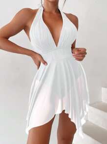 SHEIN Swim Summer Beach Solid Halter One Piece Swimsuit - White - View 3