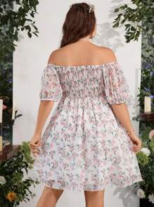 SHEIN MOD 大碼印花一字肩泡泡袖連衣裙 - 彩色 - 查看 2