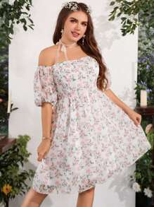 SHEIN MOD 大碼印花一字肩泡泡袖連衣裙 - 彩色 - 查看 3