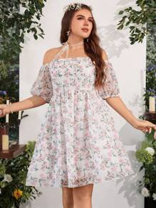 SHEIN MOD 大碼印花一字肩泡泡袖連衣裙 - 彩色 - 查看 4