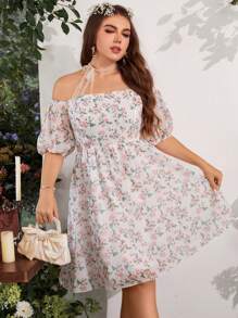 SHEIN MOD 大碼印花一字肩泡泡袖連衣裙 - 彩色 - 查看 6