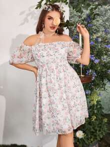 SHEIN MOD 大碼印花一字肩泡泡袖連衣裙 - 彩色 - 查看 7