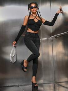 SHEIN ICON 高腰緊身牛仔褲 - 黑色 - 查看 6