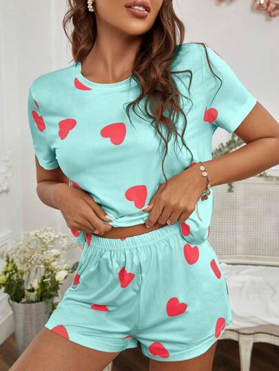 SweetSlumber Conjunto de pijama con camiseta y pantalones cortos con estampado de corazón