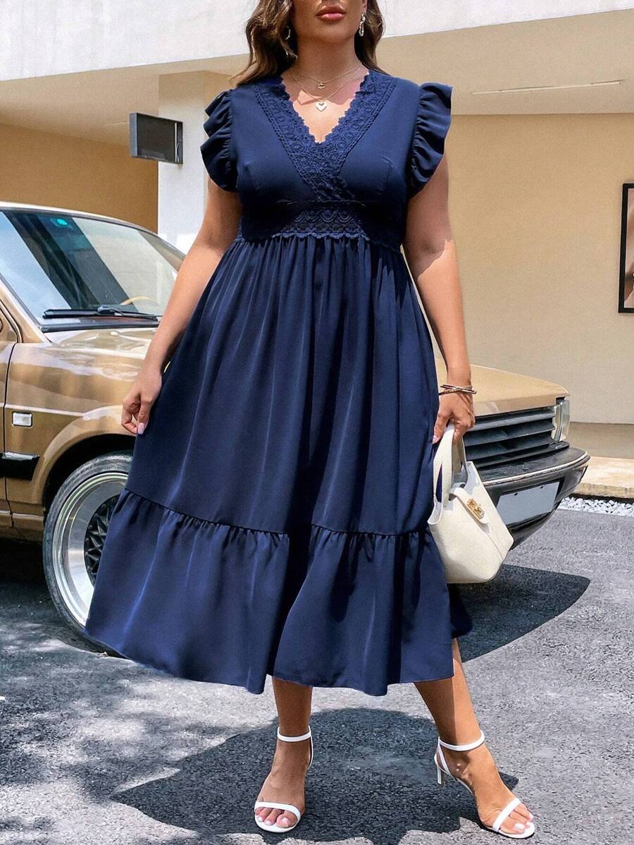 Celure Plus Guipure Lace Insert Ruffle Hem Dress | SHEIN UK
