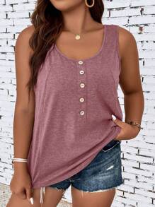 SHEIN LUNE Plus Size Solid Color Button Detail Tank Top
