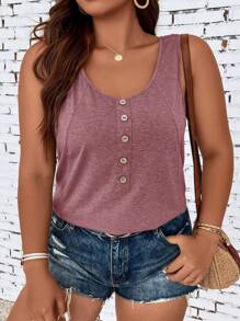 SHEIN LUNE Plus Size Solid Color Button Detail Tank Top