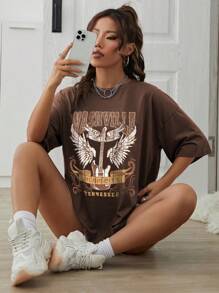 INAWLY Wings And Letter Graphic Drop Shoulder Tee Graphic Tees Women Tops - Coffee Brown - View 1