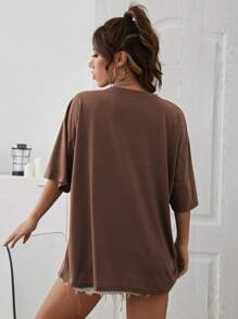 INAWLY Wings And Letter Graphic Drop Shoulder Tee Graphic Tees Women Tops - Coffee Brown - View 2