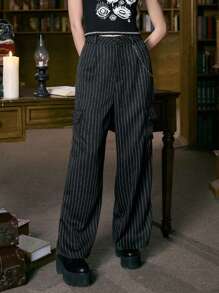 ROMWE Academia Striped Print Flap Pocket Cargo Trousers - Black - View 1