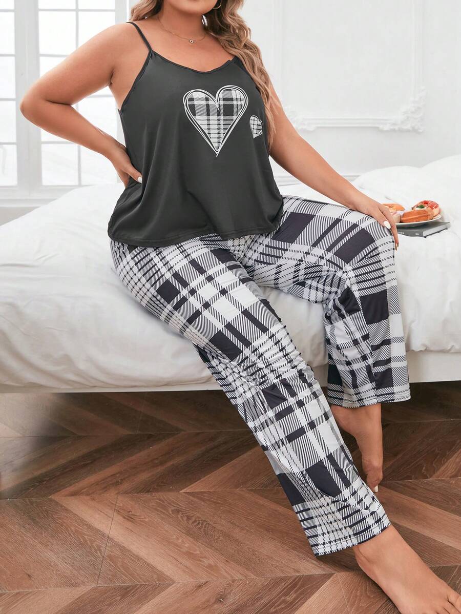 Plus Heart Print Cami Top & Plaid Trousers PJ Set - Black and White - View 1