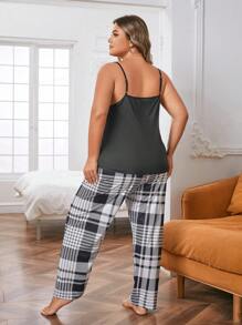 Plus Heart Print Cami Top & Plaid Trousers PJ Set - Black and White - View 2
