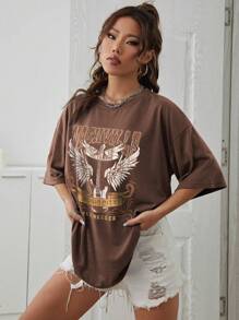 INAWLY Wings And Letter Graphic Drop Shoulder Tee Graphic Tees Women Tops - Coffee Brown - View 4