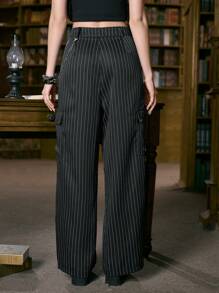 ROMWE Academia Striped Print Flap Pocket Cargo Trousers - Black - View 2