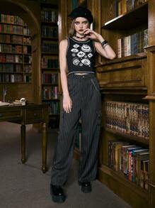 ROMWE Academia Striped Print Flap Pocket Cargo Trousers - Black - View 4