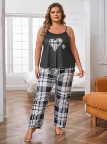 Plus Heart Print Cami Top & Plaid Trousers PJ Set - Black and White - View 5