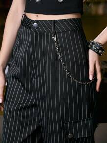 ROMWE Academia Striped Print Flap Pocket Cargo Trousers - Black - View 5