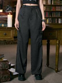 ROMWE Academia Striped Print Flap Pocket Cargo Trousers - Black - View 6