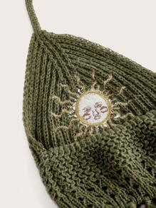 ROMWE Hippie 太陽圖案流蘇下擺吊脖針織上衣 - 軍綠色 - 查看 3