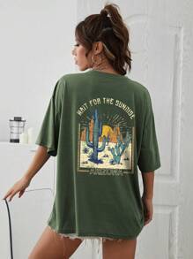 INAWLY Cactus & Slogan Graphic Drop Shoulder Tee WAIT FOR THE SUNRISE _ARIZONA - Army Green - View 1