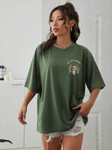 INAWLY Cactus & Slogan Graphic Drop Shoulder Tee WAIT FOR THE SUNRISE _ARIZONA - Army Green - View 2